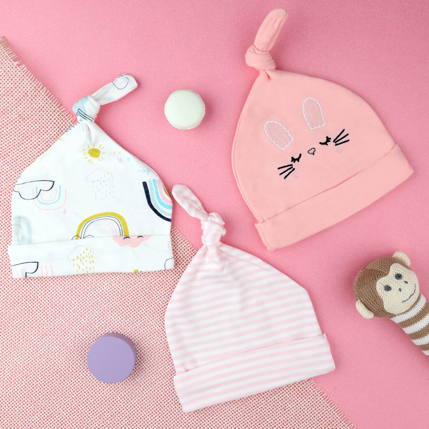 Cute Kitten Knotted Baby Caps - 3 Pack