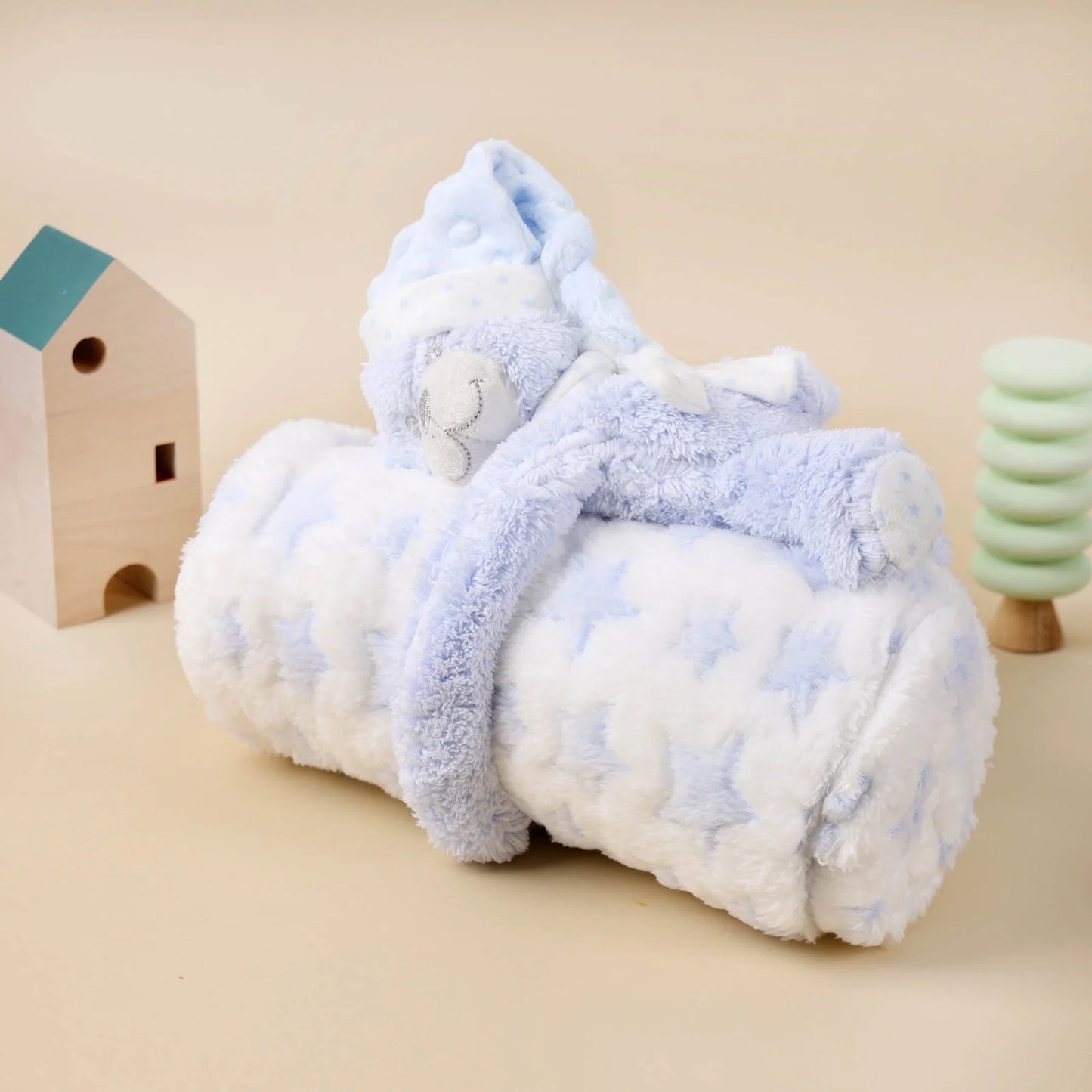 Blue Bear Baby Blanket With Toy